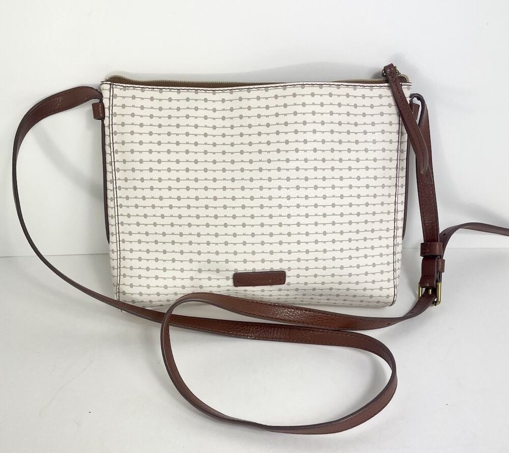Fossil Devon Crossbody Shoulder Bag Purse Beige/Ivory/Brown Vegan Leather EUC